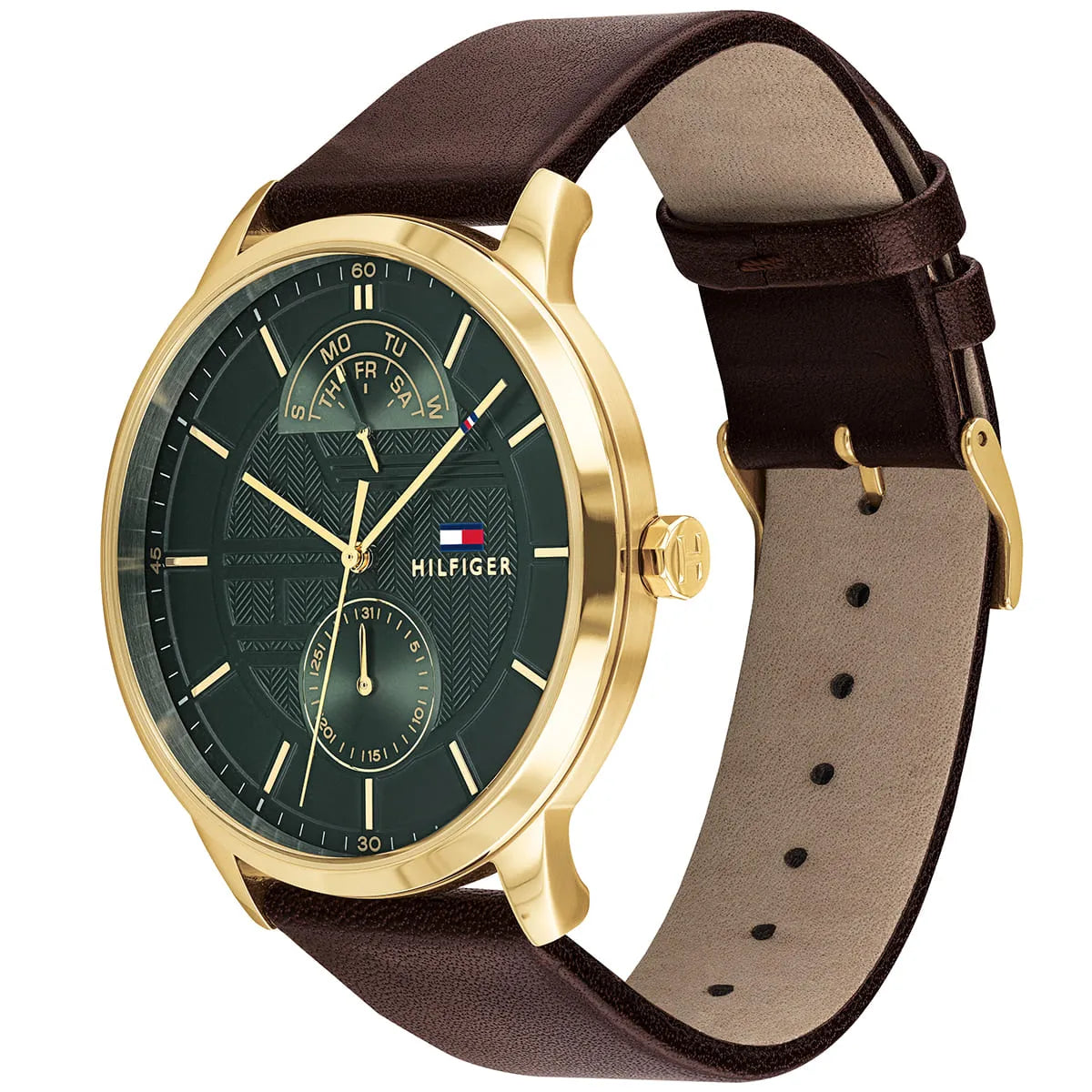 Left side perspective of the Tommy Hilfiger 1791607 green dial and brown leather strap
