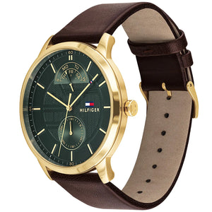 Left side perspective of the Tommy Hilfiger 1791607 green dial and brown leather strap