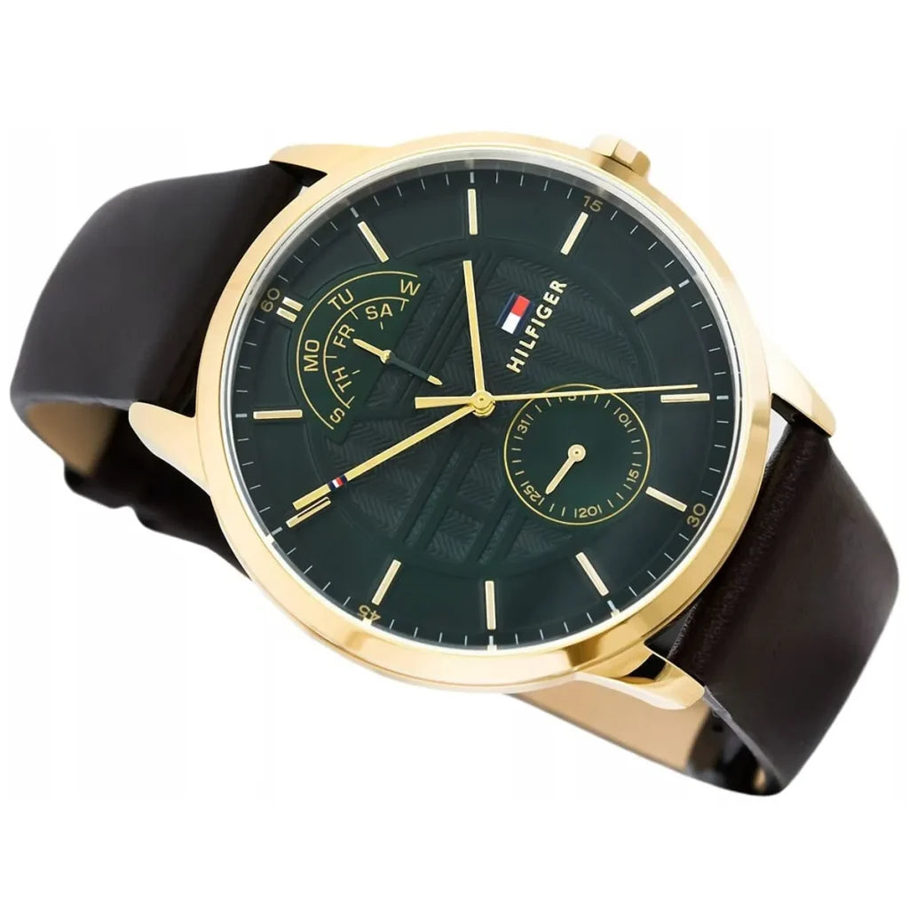 Angled view of the Tommy Hilfiger 1791607 highlighting the gold-tone stainless steel case