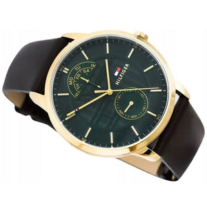 Angled view of the Tommy Hilfiger 1791607 highlighting the gold-tone stainless steel case