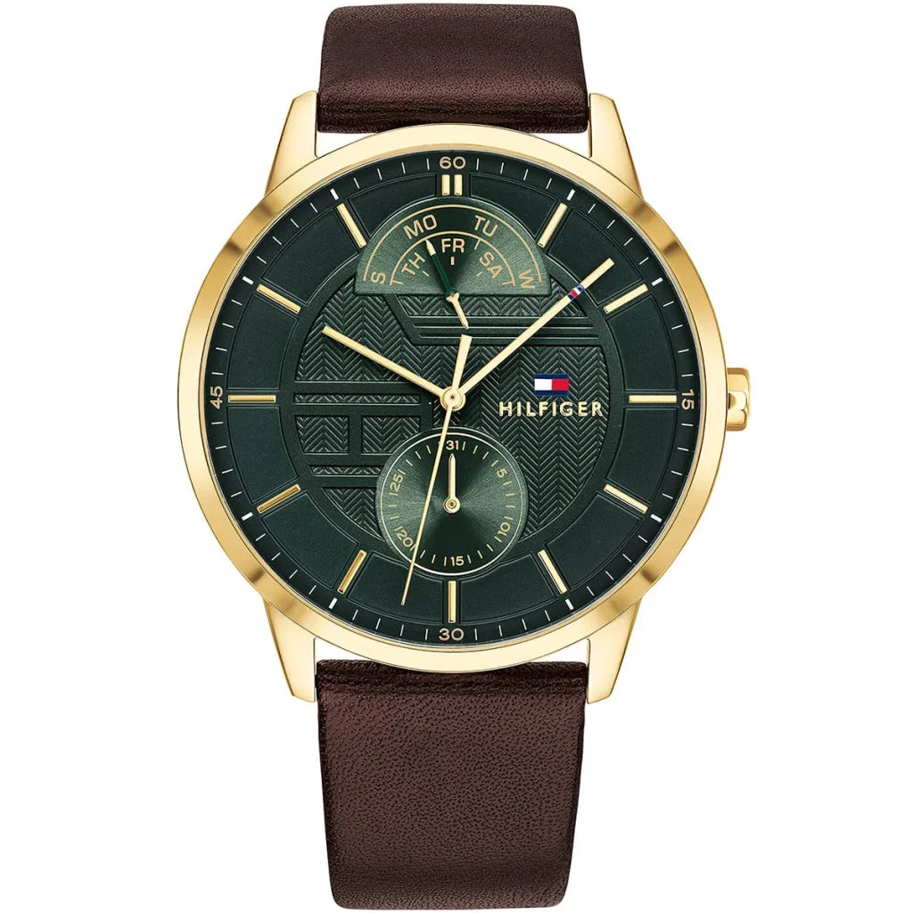 Tommy Hilfiger Hunter 1791607 men's watch with gold case green textured dial and brown leather strap