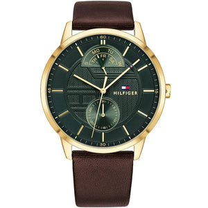 Tommy Hilfiger Hunter 1791607 men's watch with gold case green textured dial and brown leather strap