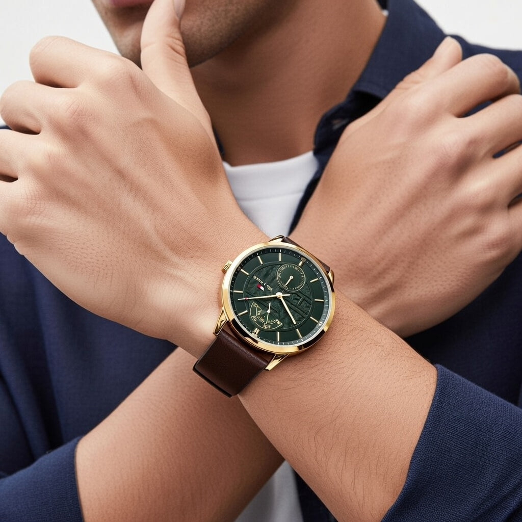 Male model wearing Tommy Hilfiger 1791607 gold watch with a classic outfit