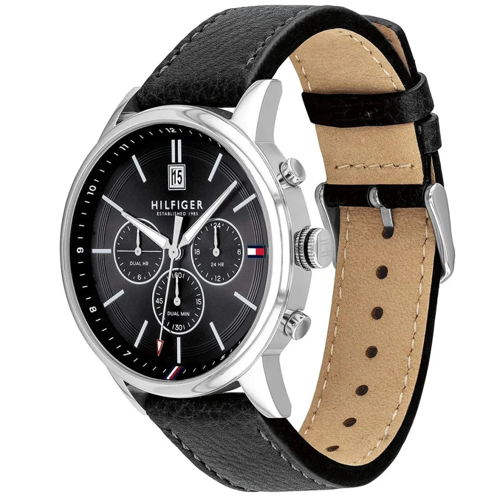 Detailed side view of the silver crown and pushers on the Tommy Hilfiger 1791630