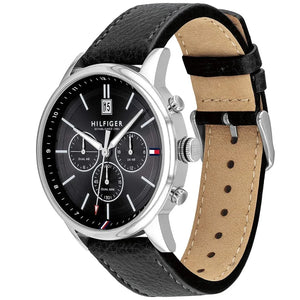 Detailed side view of the silver crown and pushers on the Tommy Hilfiger 1791630