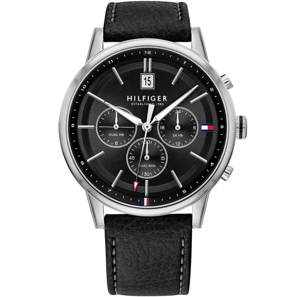 Tommy Hilfiger Kyle 1791630 men's watch with silver case black dual-time dial and black leather strap