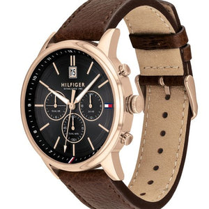 Detailed side view of the rose gold crown and pushers on the Tommy Hilfiger 1791631