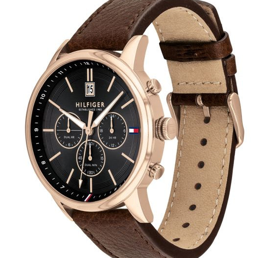 Detailed side view of the rose gold crown and pushers on the Tommy Hilfiger 1791631