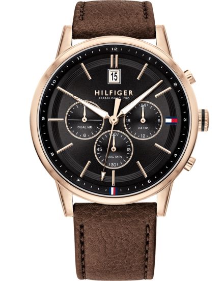 Tommy Hilfiger Kyle 1791631 men's watch with rose gold case black dial and brown leather strap
