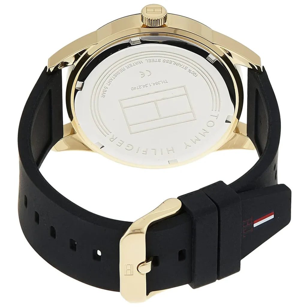 Angled view of the Tommy Hilfiger 1791636 highlighting the gold-tone stainless steel case