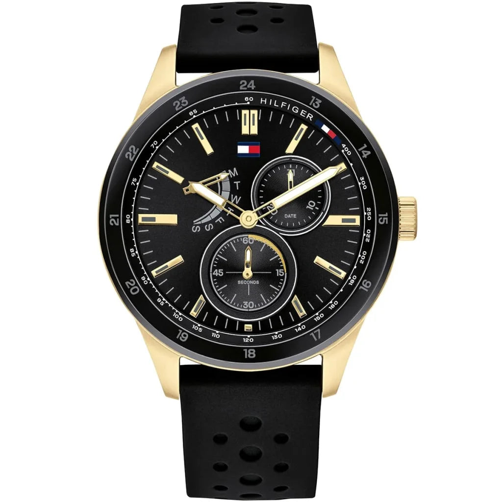 Tommy Hilfiger Austin 1791636 men's watch with gold case black dial and black silicone strap