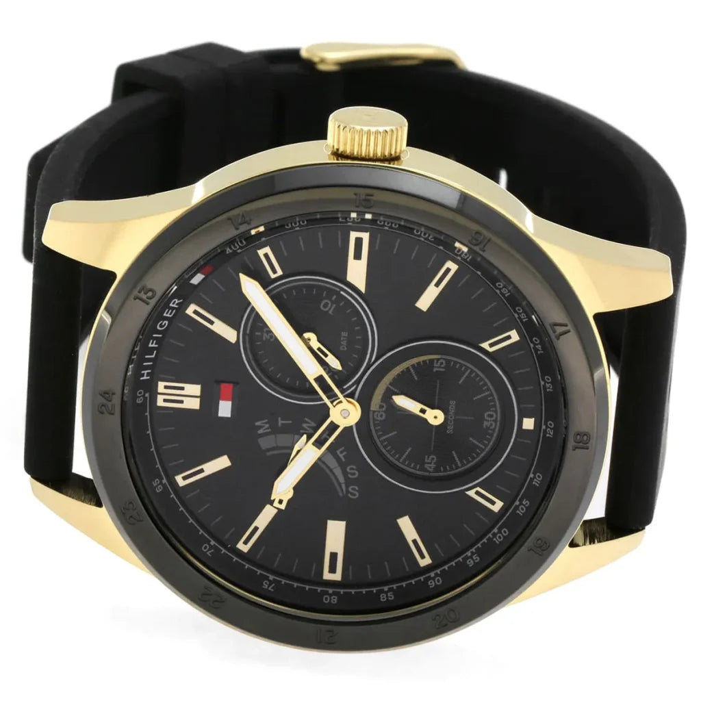 Side profile view of the polished gold case of the Tommy Hilfiger 1791636