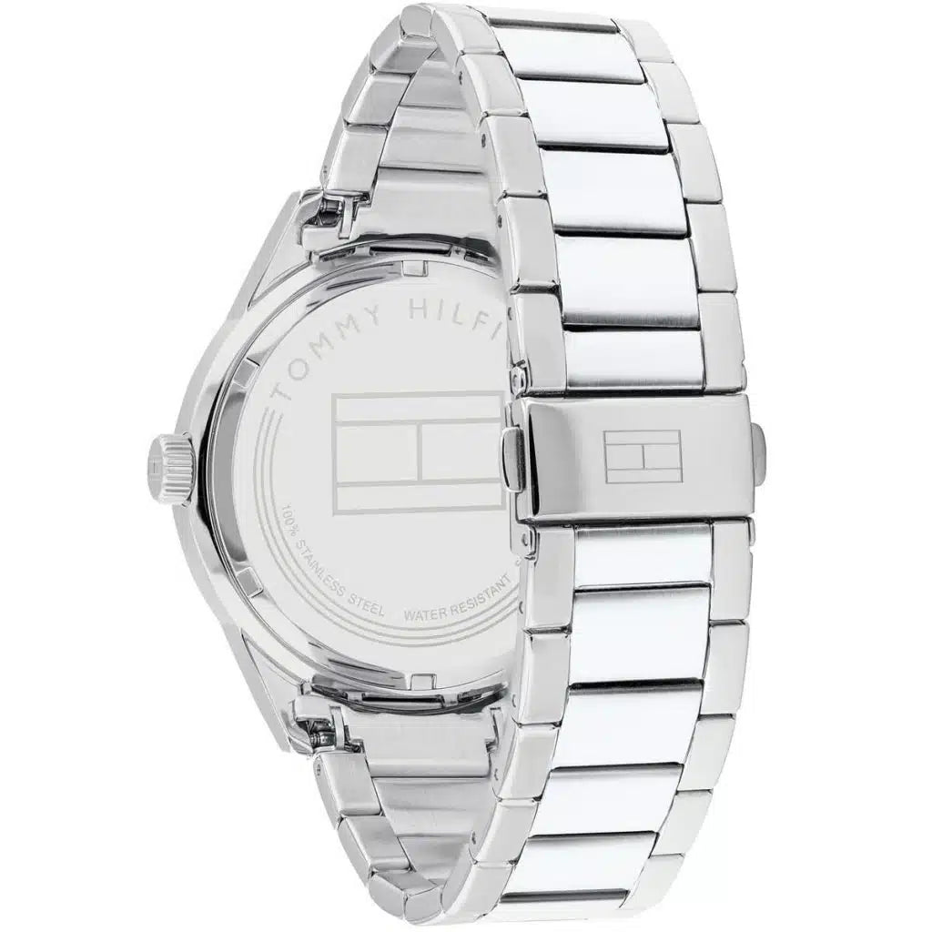 Left side perspective of the Tommy Hilfiger 1791640 blue dial and silver bracelet