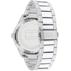 Left side perspective of the Tommy Hilfiger 1791640 blue dial and silver bracelet