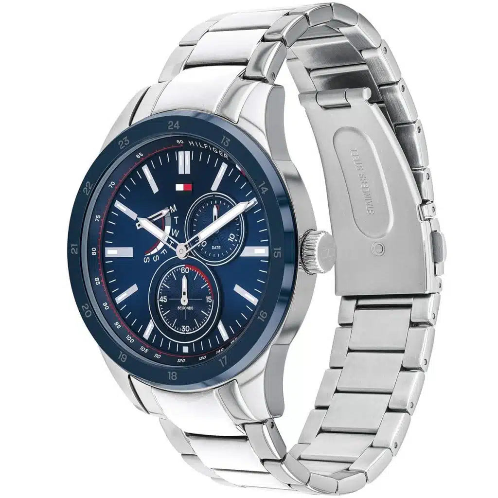 Angled view of the Tommy Hilfiger 1791640 highlighting the polished silver stainless steel case