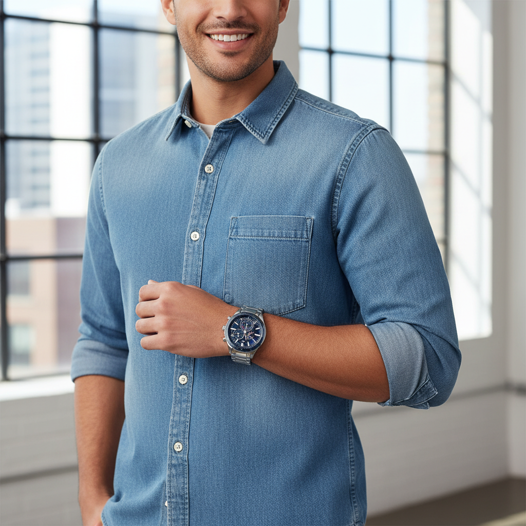 Male model wearing Tommy Hilfiger 1791640 silver watch with a smart office outfit