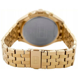 Left side perspective of the Tommy Hilfiger 1791708 black dial and gold bracelet