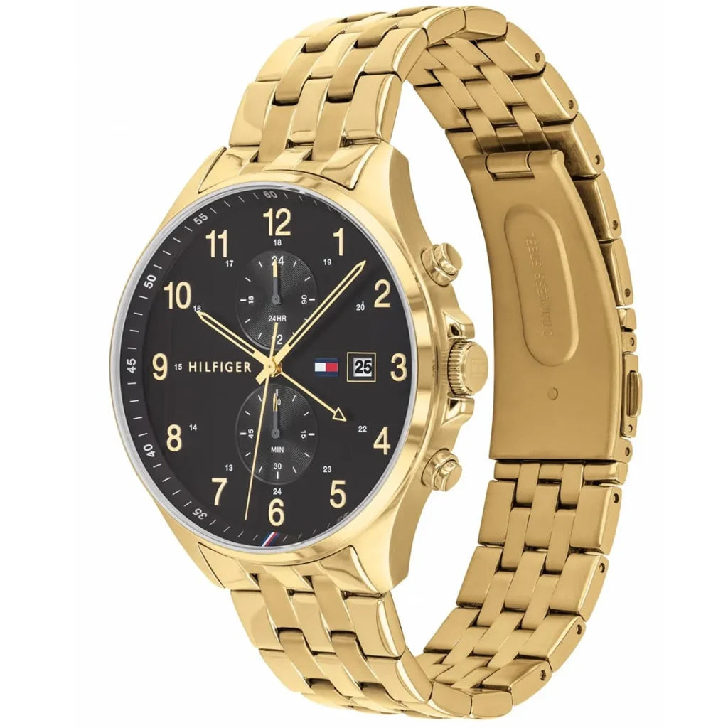 Angled view of the Tommy Hilfiger 1791708 highlighting the gold-tone stainless steel case