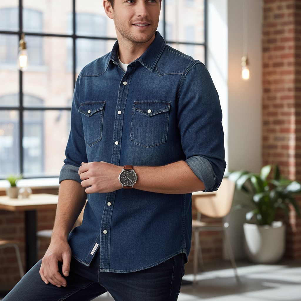 Male model wearing Tommy Hilfiger 1791710 watch with a classic casual brown leather jacket