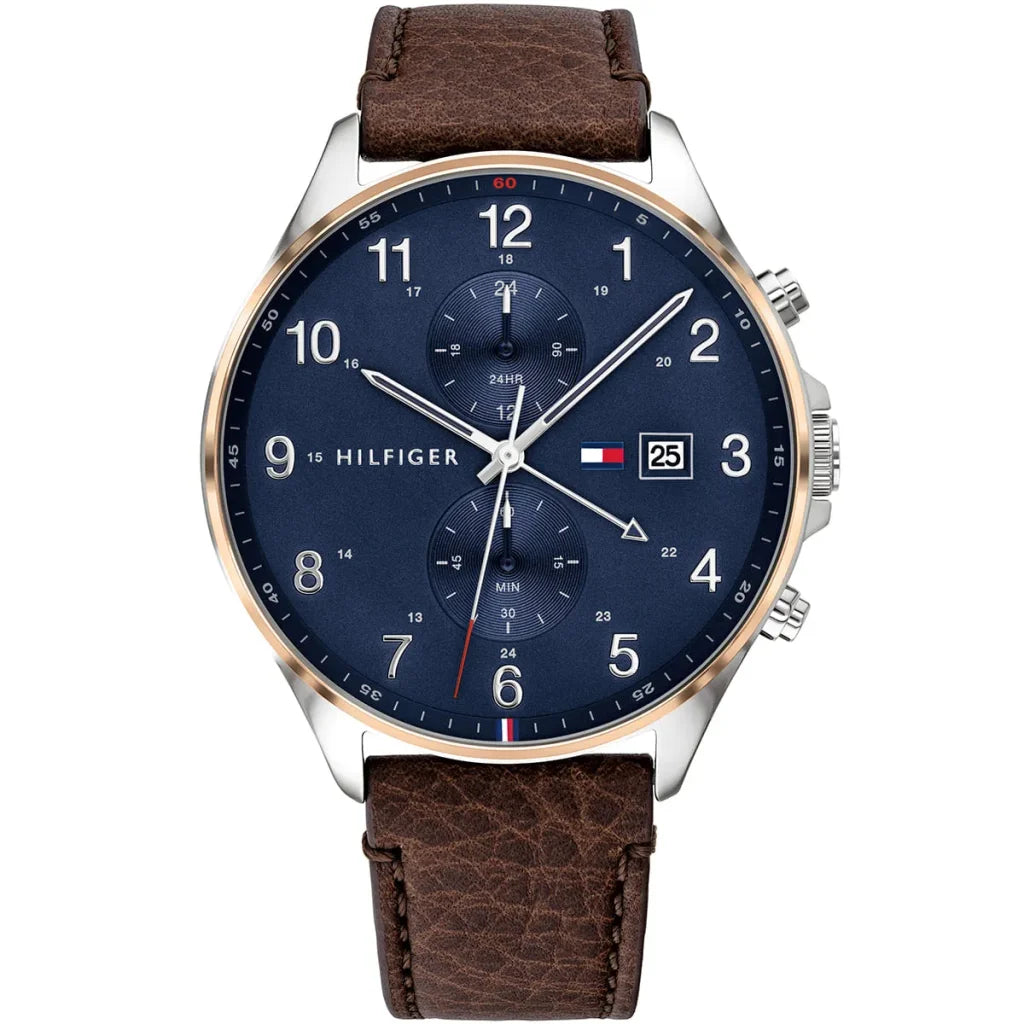 Tommy Hilfiger West 1791712 men's watch with silver case blue dial and brown leather strap