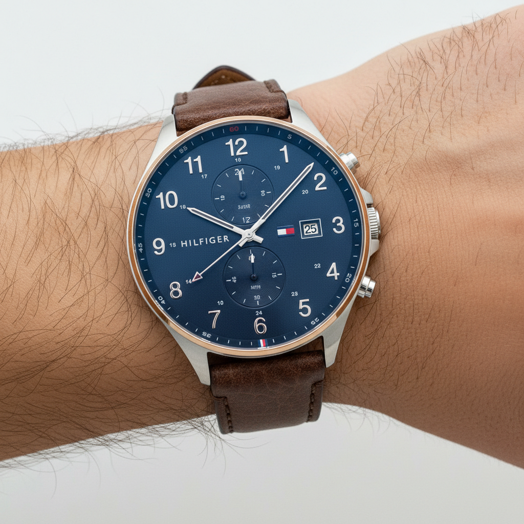 Detailed shot of Tommy Hilfiger 1791712 watch on wrist showing blue sunray dial