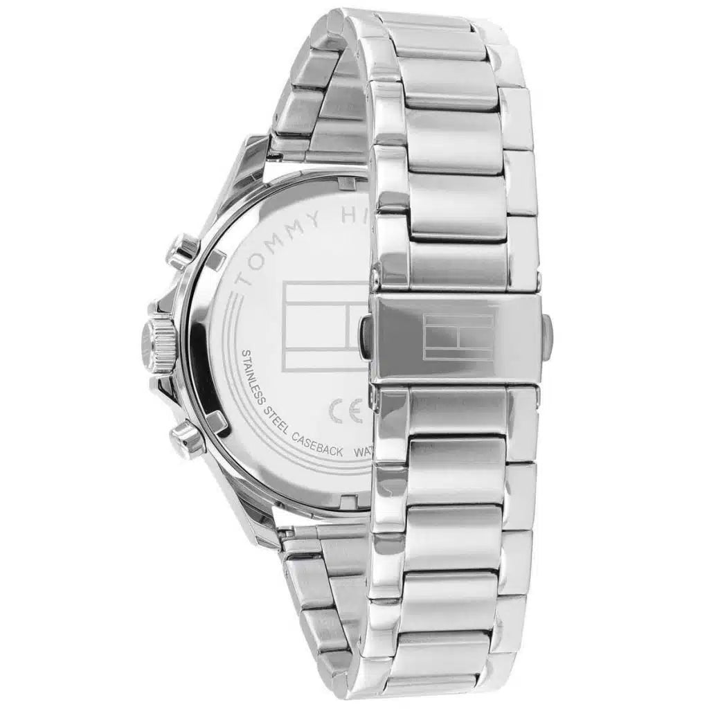 Left side perspective of the silver stainless steel link bracelet on the Tommy Hilfiger Bank watch