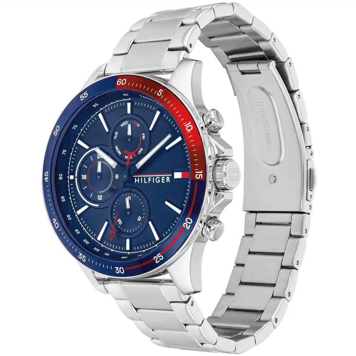 Angled view of Tommy Hilfiger 1791718 highlighting the bold pepsi bezel and polished silver-tone case