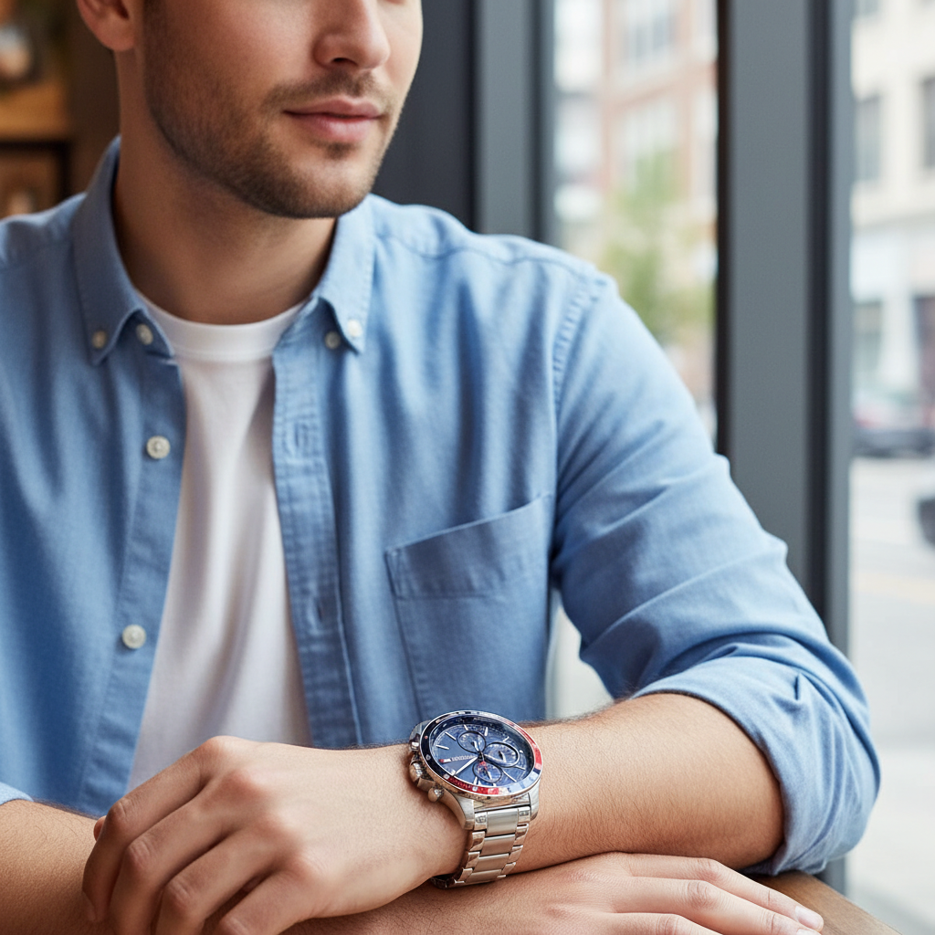 Man wearing Tommy Hilfiger Bank silver metal watch for a dynamic, sporty, and elegant everyday look