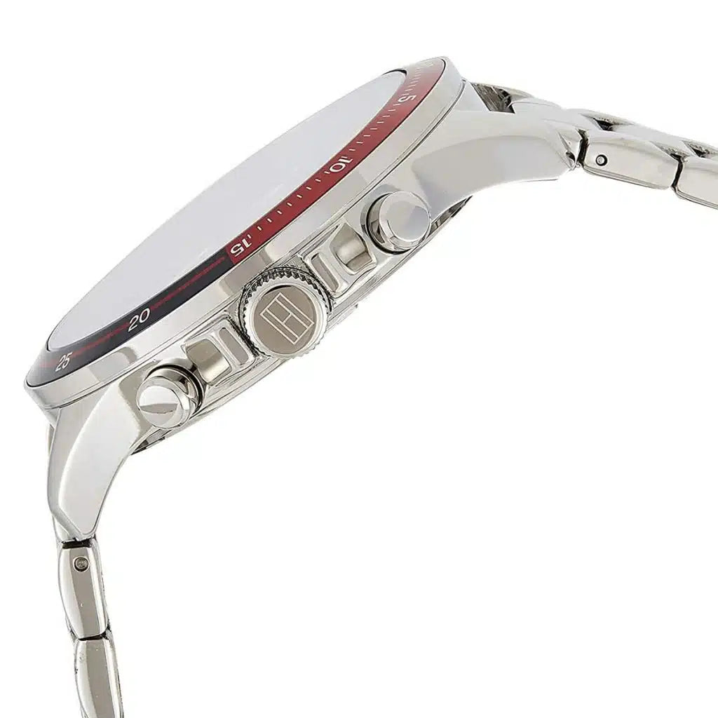Side profile view showing the 11mm case thickness and colorful sport bezel of the Tommy Hilfiger 1791718