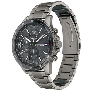 Left side perspective of the gunmetal grey stainless steel link bracelet on the Tommy Hilfiger Bank watch
