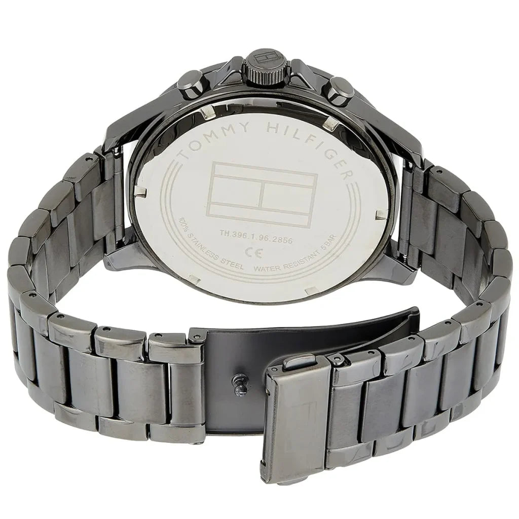 Angled view of Tommy Hilfiger 1791719 highlighting the bold grey tachymeter bezel and polished case