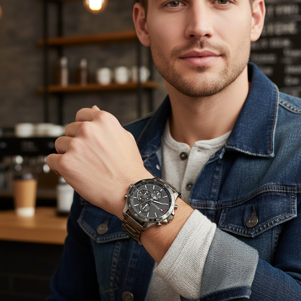 Man wearing Tommy Hilfiger Bank gunmetal grey metal watch for a dynamic, sporty, and bold everyday look