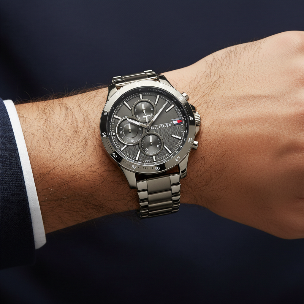 Close up shot of Tommy Hilfiger 1791719 on wrist showing the dark grey dial with silver-tone sub-dials and luminous hands