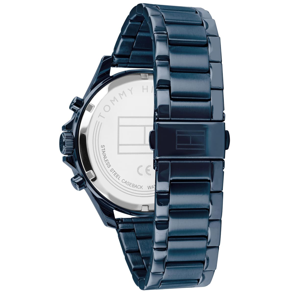 Left side perspective of the blue ion-plated stainless steel link bracelet on the Tommy Hilfiger Bank watch
