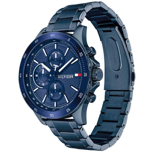 Angled view of Tommy Hilfiger 1791720 highlighting the bold blue tachymeter bezel and polished case
