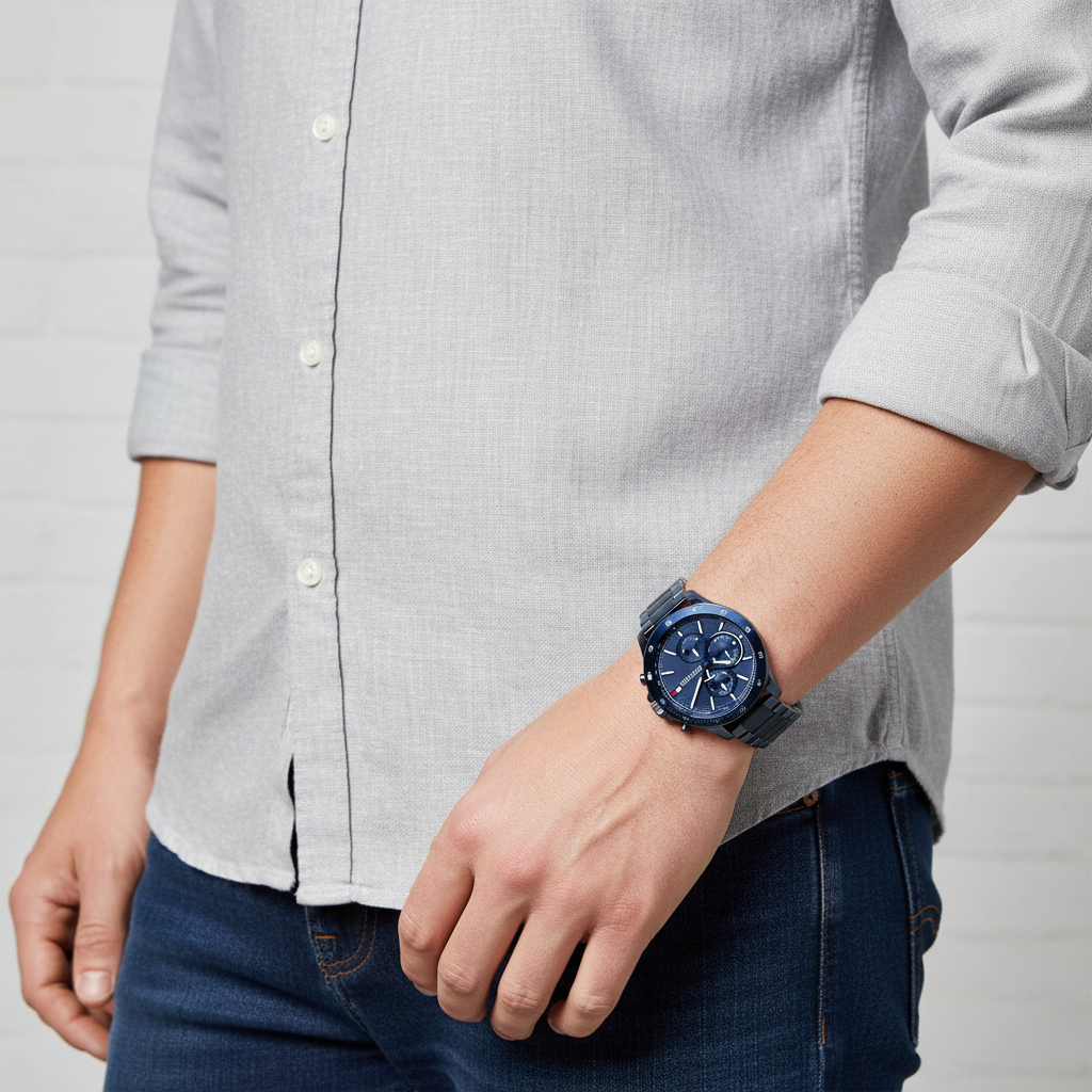 Man wearing Tommy Hilfiger Bank full blue metal watch for a dynamic, sporty, and bold everyday look