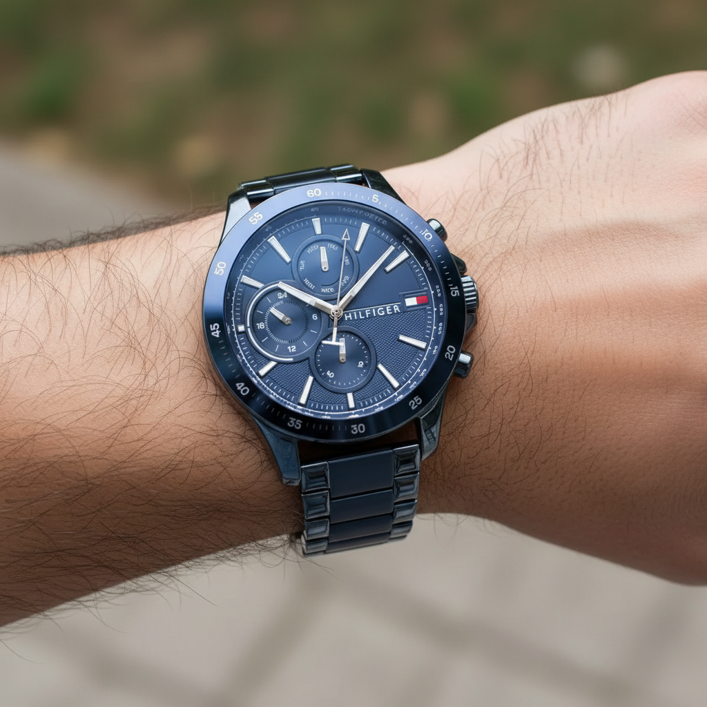Close up shot of Tommy Hilfiger 1791720 on wrist showing the deep blue dial with silver-tone sub-dials and luminous hands