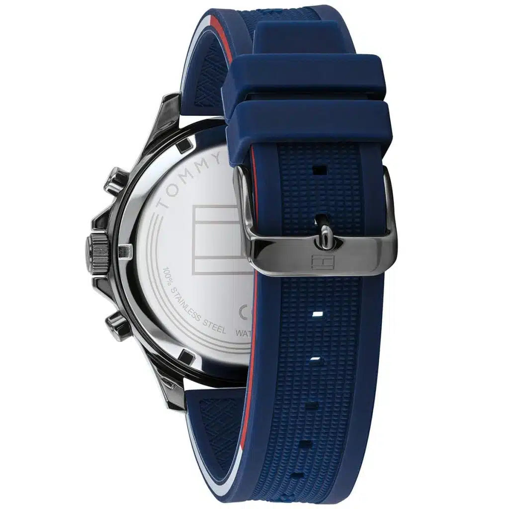 Left side perspective of the Tommy Hilfiger 1791721 blue dial and silicone strap branding