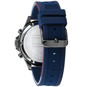 Left side perspective of the Tommy Hilfiger 1791721 blue dial and silicone strap branding