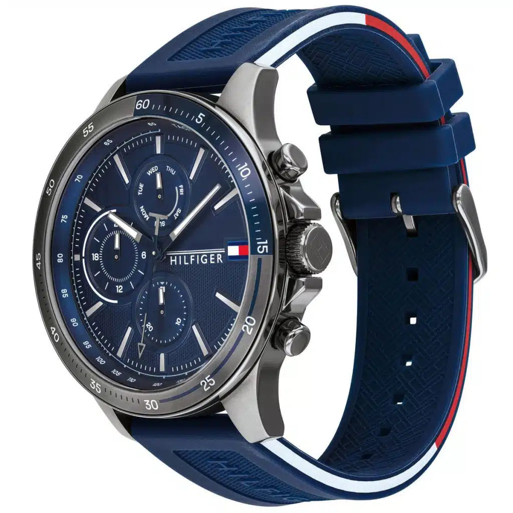 Angled view of the Tommy Hilfiger 1791721 highlighting the gunmetal grey stainless steel case
