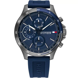 Tommy Hilfiger Bank 1791721 men's watch with gunmetal case blue dial and blue silicone strap