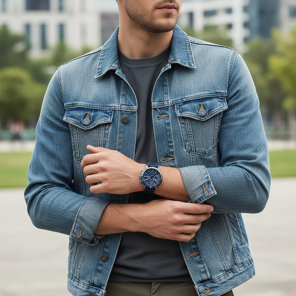 Male model wearing Tommy Hilfiger 1791721 gunmetal watch with a sporty outfit