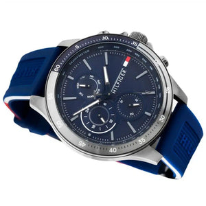 Side profile view of the polished gunmetal case of the Tommy Hilfiger 1791721
