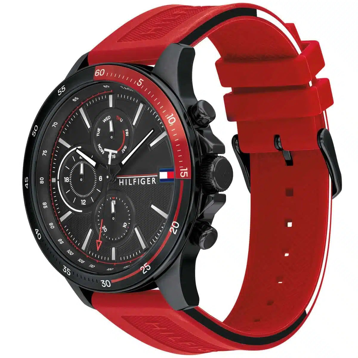 Angled view of Tommy Hilfiger 1791722 highlighting the bold 46mm black case and integrated red rubber strap