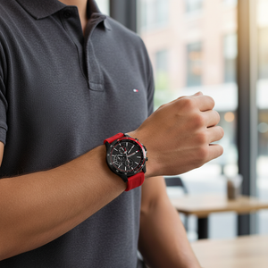 Man wearing Tommy Hilfiger Bank black and red watch for a dynamic and sporty everyday look