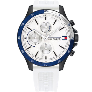 Tommy Hilfiger Bank 1791723 men's watch with black case, blue bezel, and white silicone strap