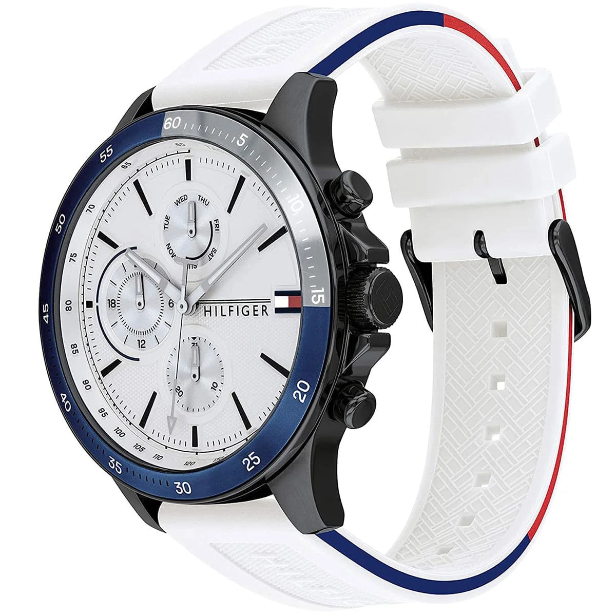 Side view of Tommy Hilfiger 1791723 showing the black ion-plated crown and case thickness