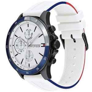 Side view of Tommy Hilfiger 1791723 showing the black ion-plated crown and case thickness