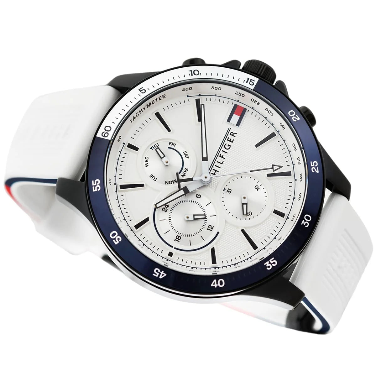 Side perspective highlighting the texture of the white silicone strap on Tommy Hilfiger 1791723