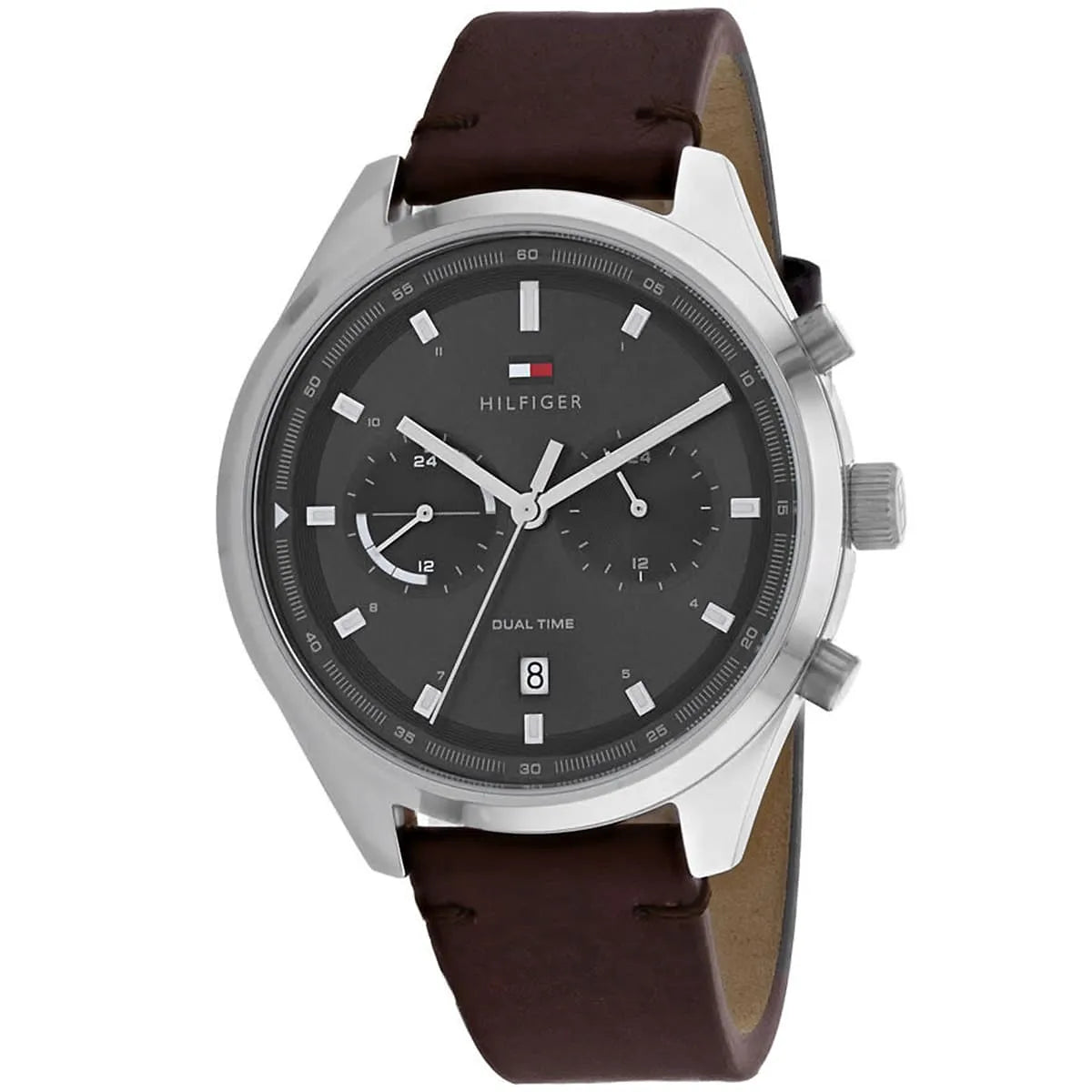 Angled view of Tommy Hilfiger 1791729 highlighting the polished silver case and premium brown leather strap